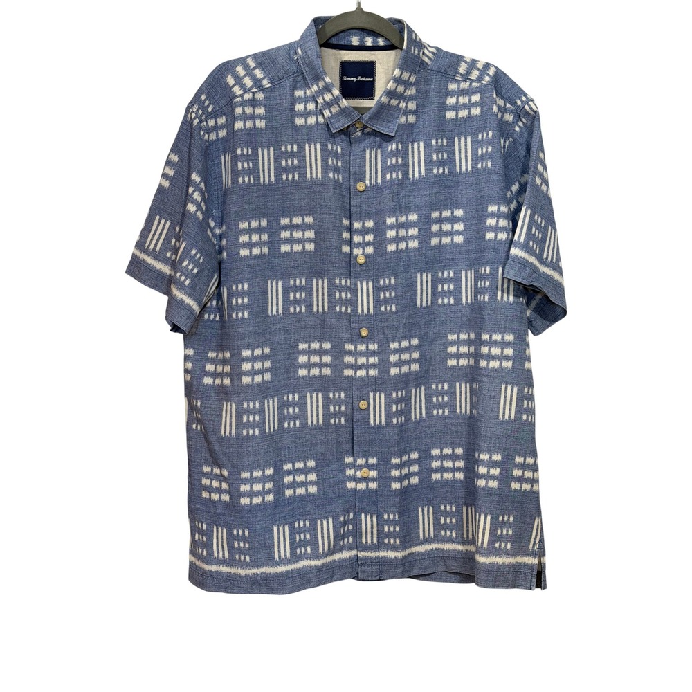 Tommy Bahama Mens XL Silk Cotton Blue Ikat Geometric Short Sleeve Button Shirt
